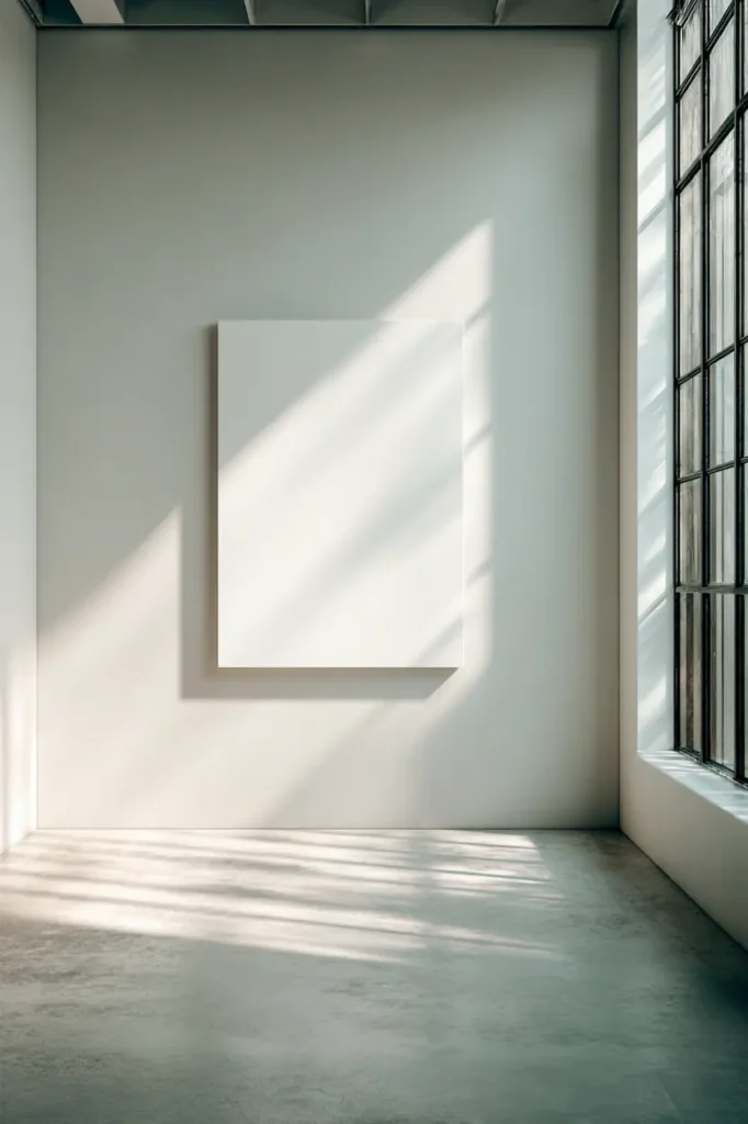 A poster wall with generous white space, allowing the wall and spacing to become part of the design.
