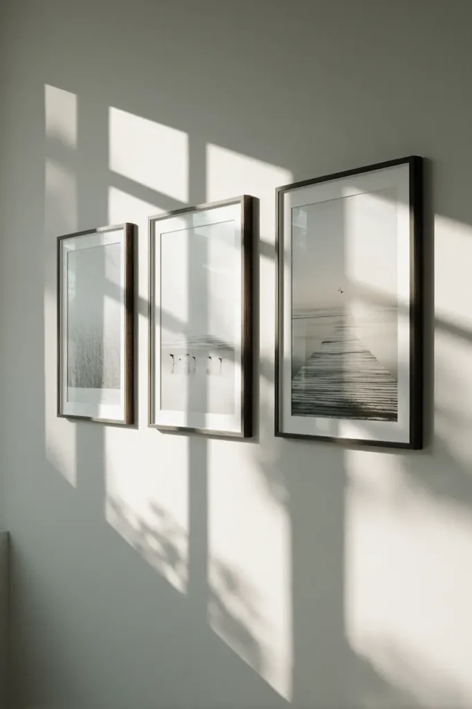 Evenly spaced framed posters creating a balanced and soothing wall composition.