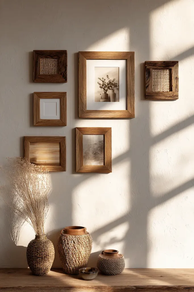 A farmhouse wall featuring warm wood and natural materials creating a cozy, grounded atmosphere.