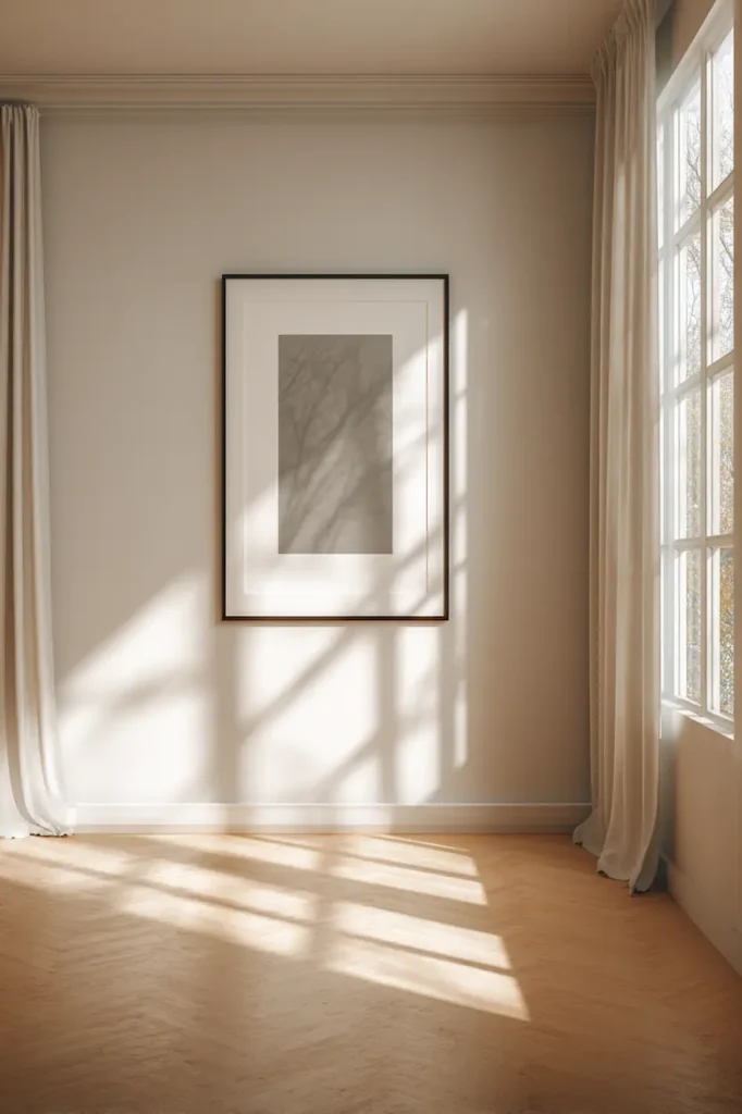 A single framed poster surrounded by empty wall space, creating a refined atmosphere.