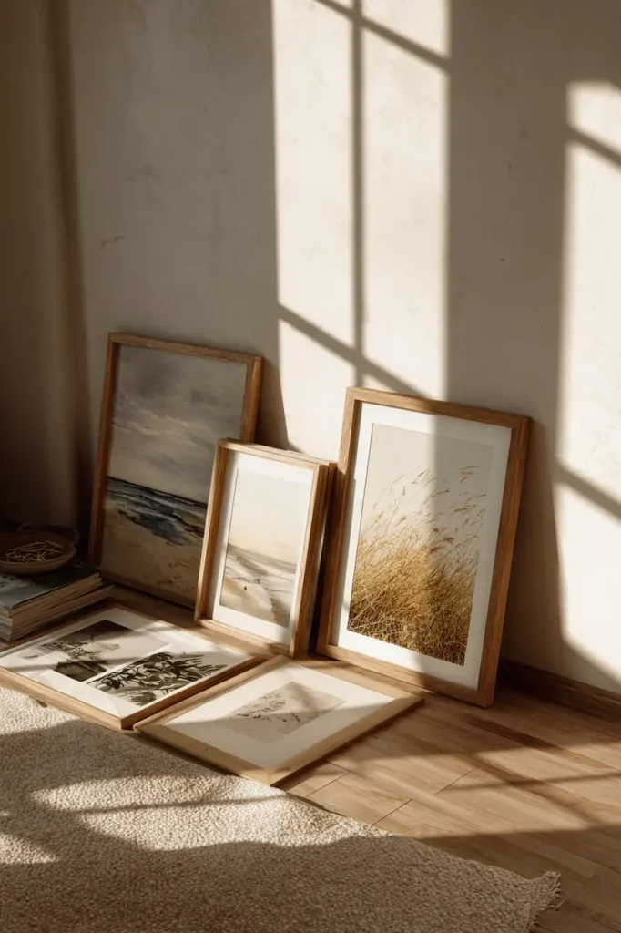 Frames and artworks arranged on the floor in natural light before hanging.