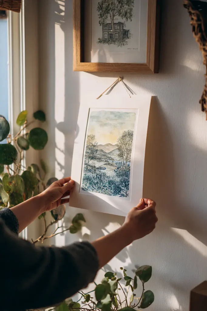 Hands gently placing a home-printed artwork onto a wall in a calm, naturally lit interior.