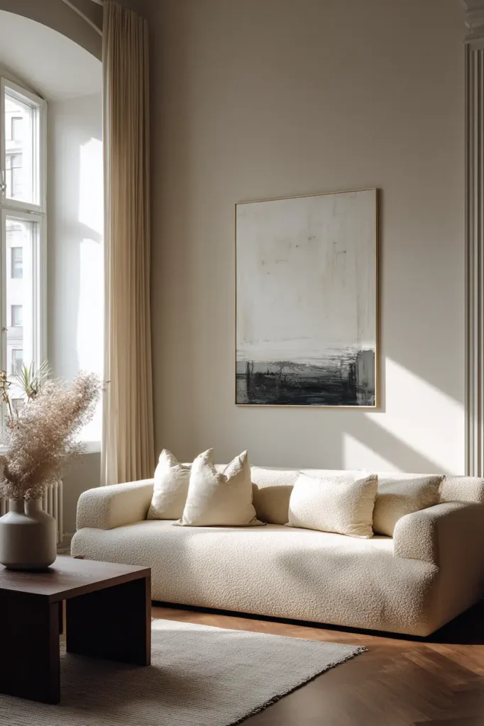 A calm interior where a single large artwork brings clarity and balance to a blank wall.