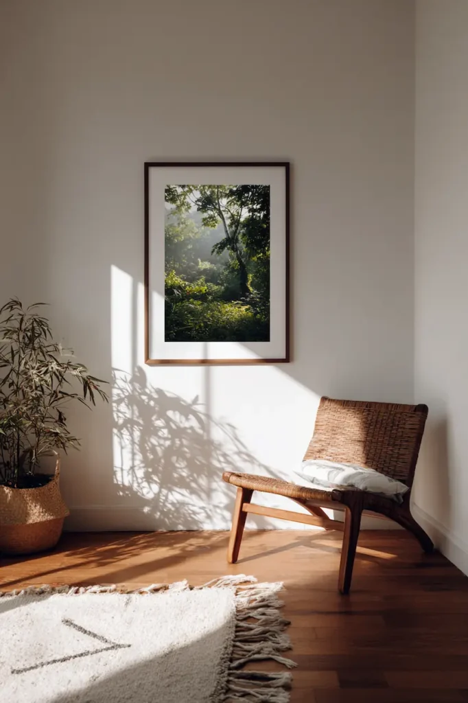 A framed poster with a generous white mat that adds air and elegance to the wall.
