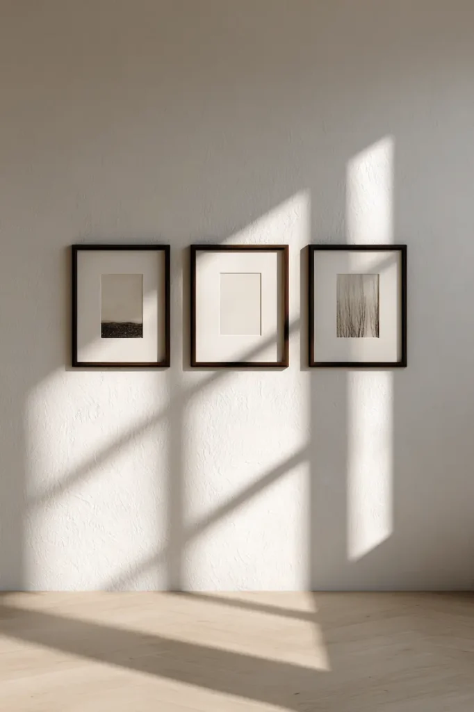 Wall art arranged with generous spacing creating a calm and intentional composition.