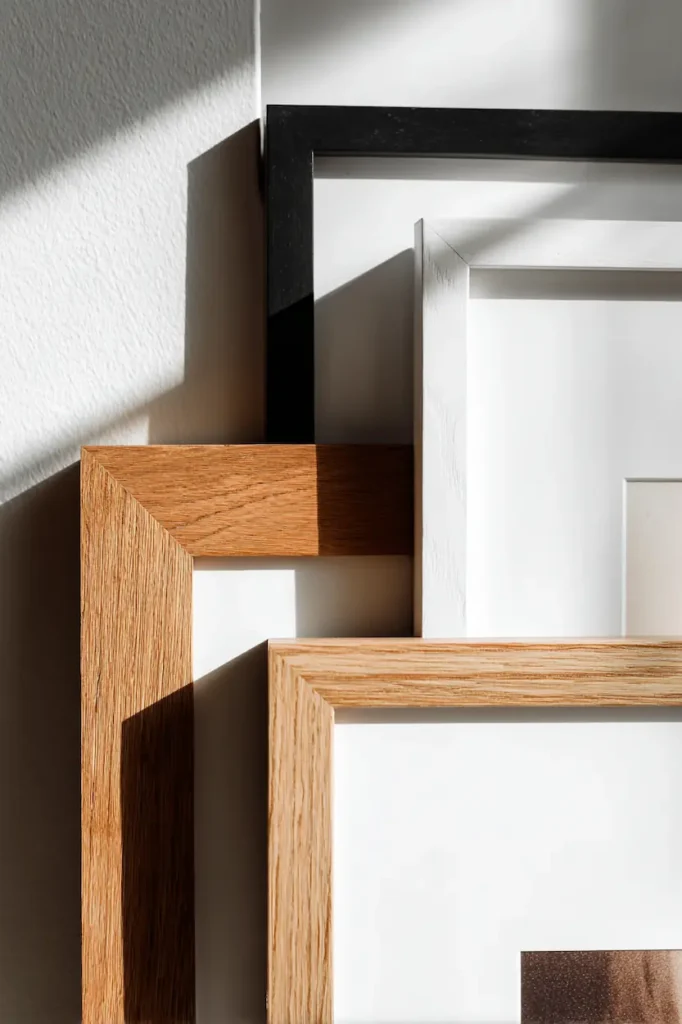 Various picture frames in soft light showing texture and contrast.