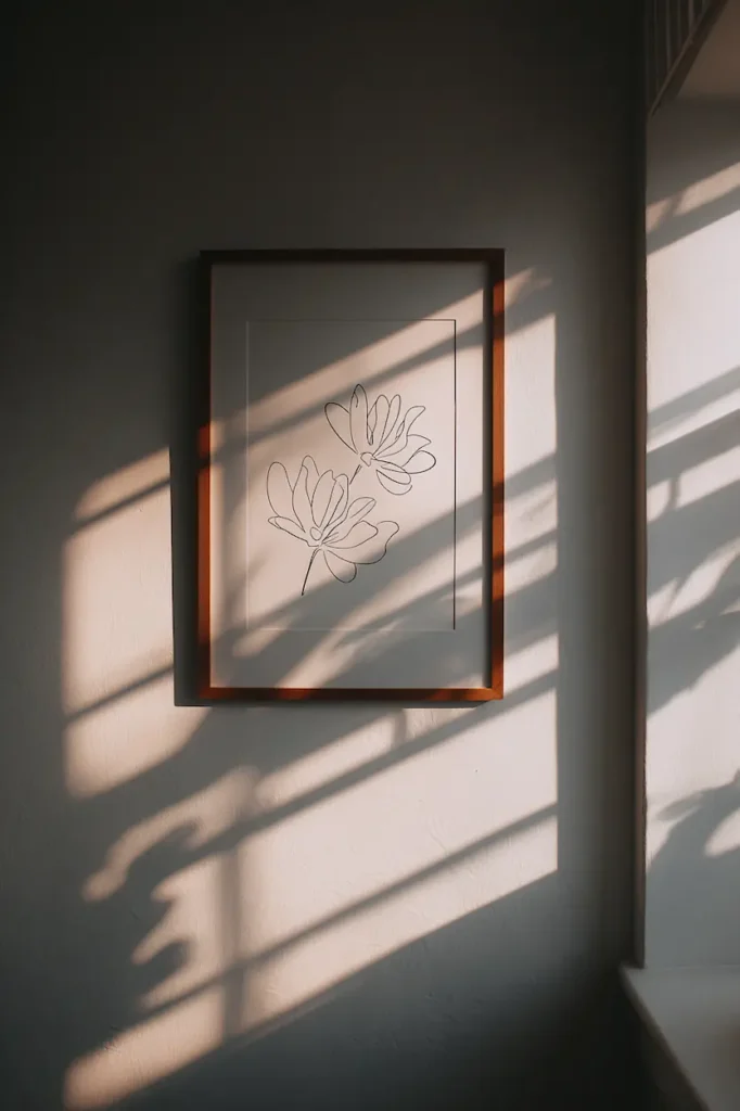A white wall enhanced by a single minimalist line art piece, emphasizing openness and calm.