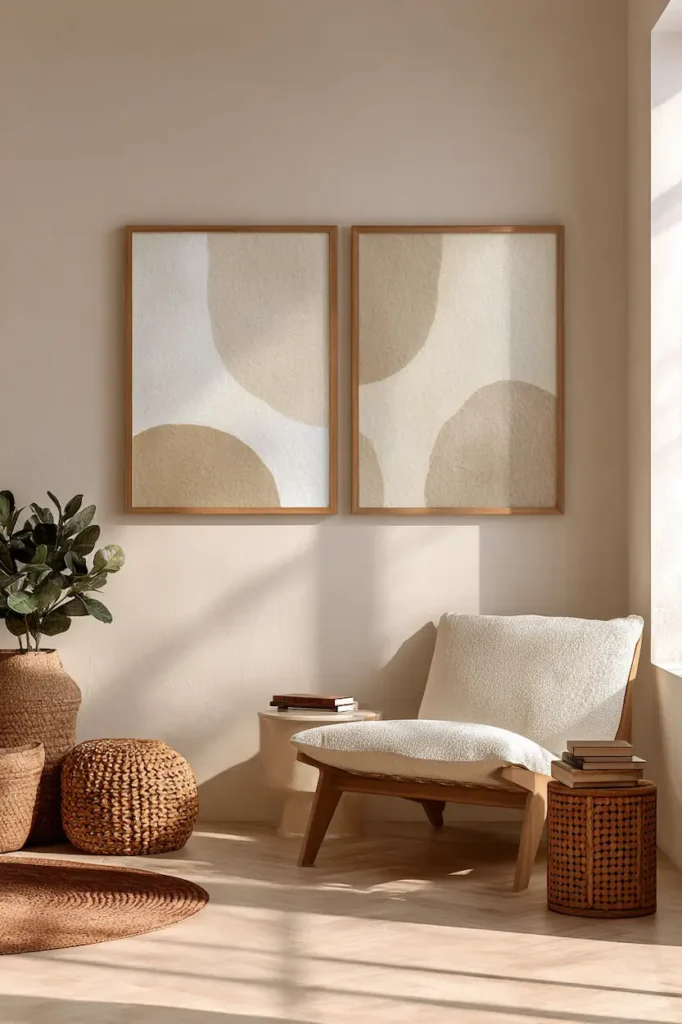 Minimalist abstract wall art in neutral tones that creates a soothing and relaxed atmosphere in the room.
