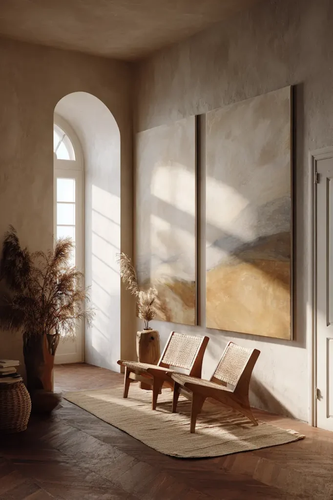 Abstract wall art blending naturally into a timeless and elegant interior setting.