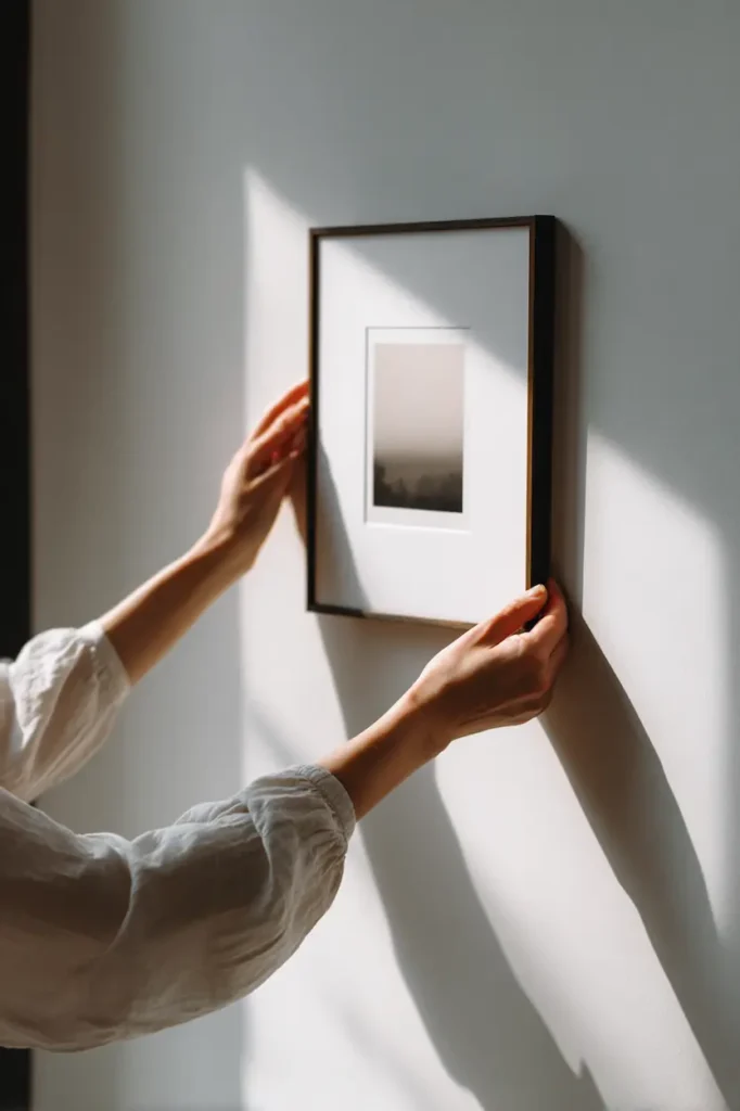 Hands carefully placing a frame on a softly lit interior wall.