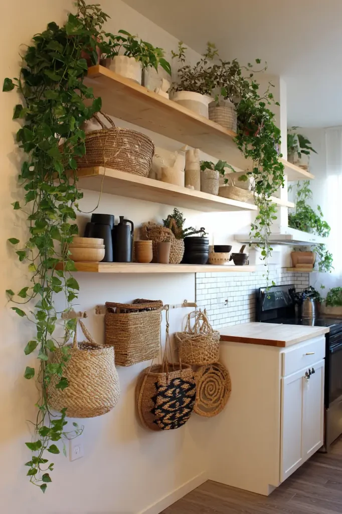 Kitchen wall with hanging plants and vertical decorative elements.