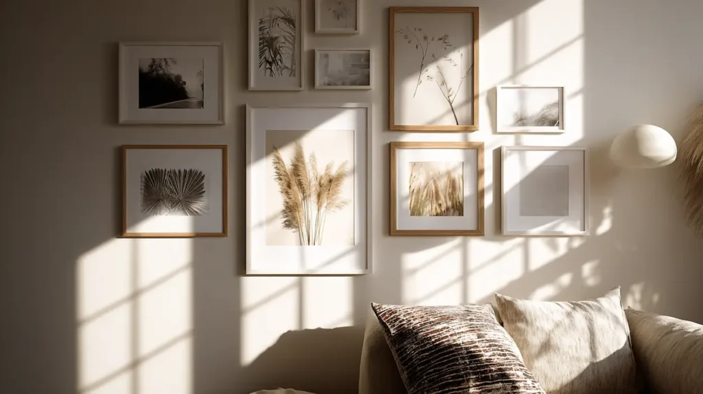 A softly lit interior wall with carefully hung art creating a calm and balanced atmosphere.