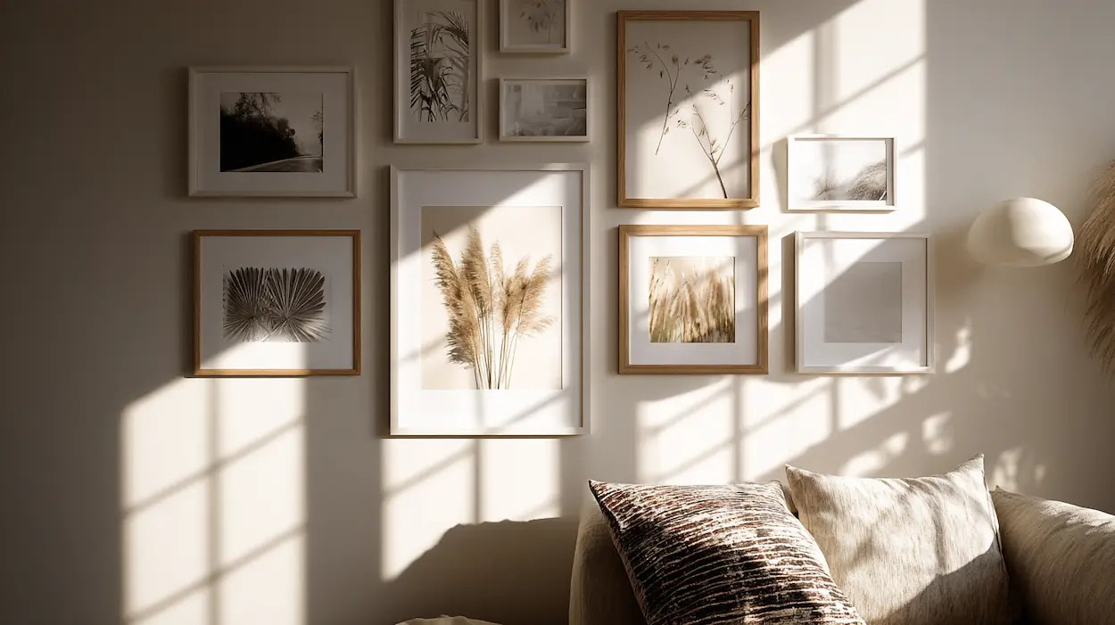 A softly lit interior wall with carefully hung art creating a calm and balanced atmosphere.