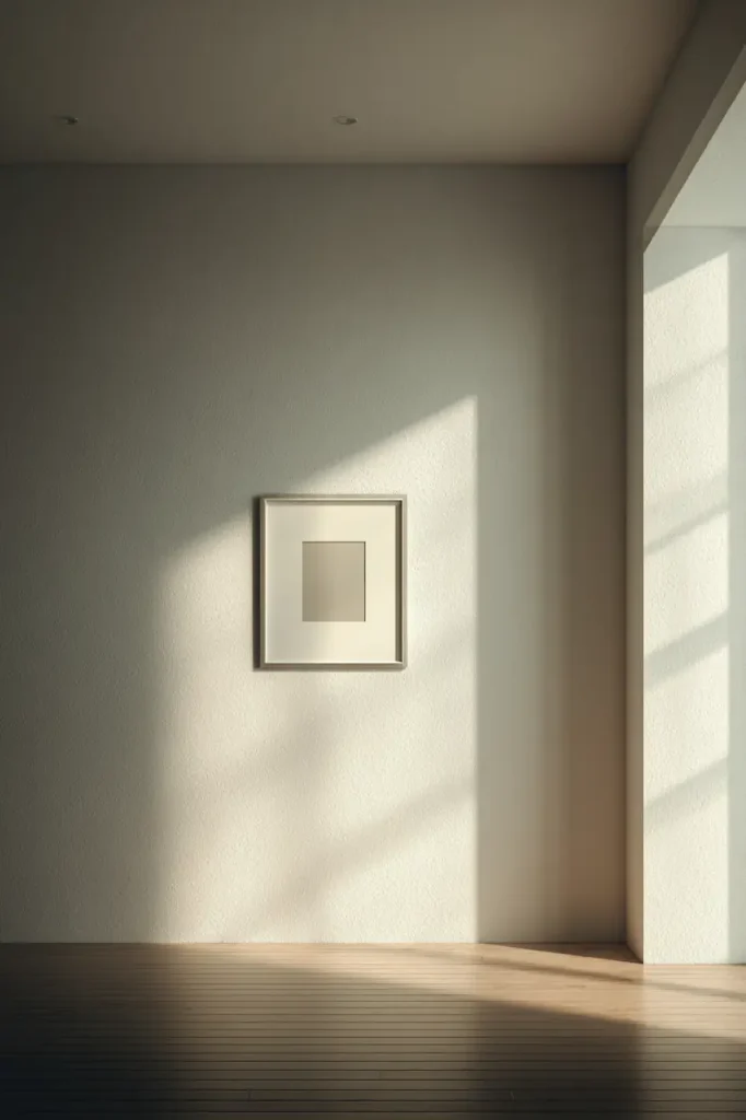 A minimalist wall where a small artwork feels disconnected and visually overwhelmed by empty space.