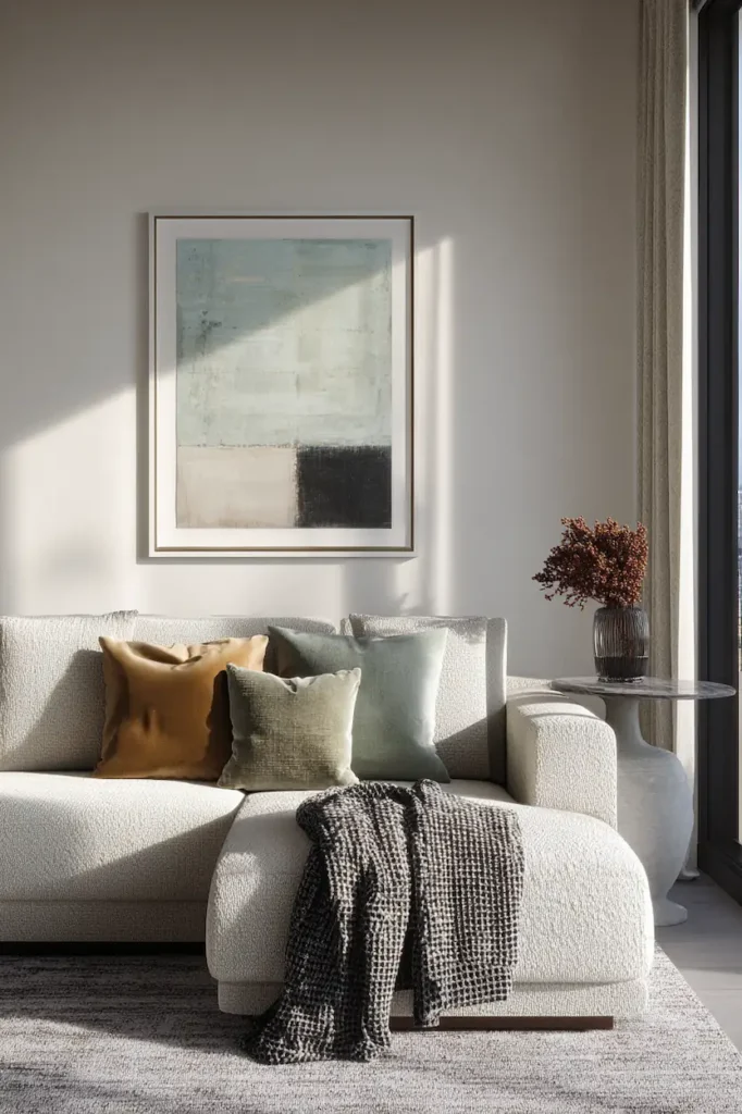 Wall art positioned at eye level creating a balanced and comfortable visual flow.