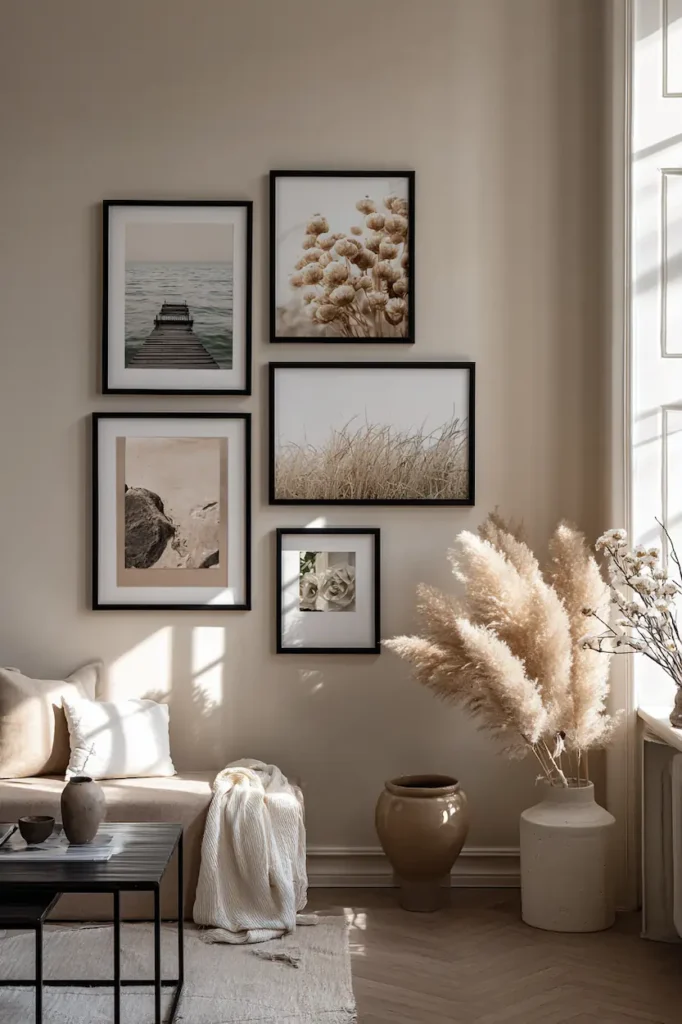 A neutral-toned gallery wall creating a calm and balanced interior mood.