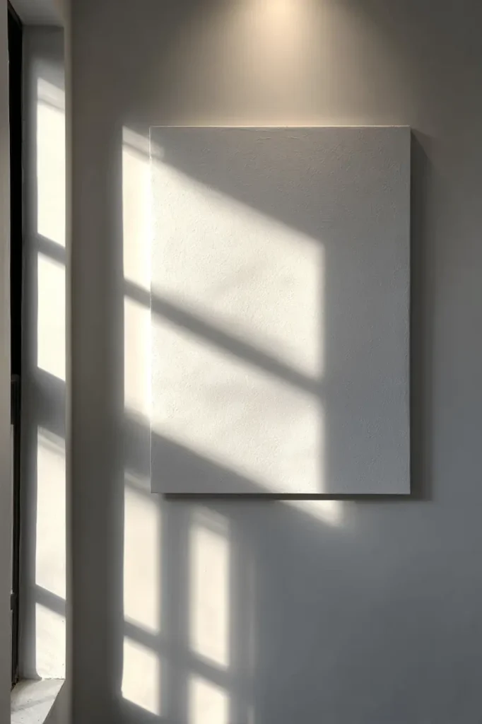 A minimalist interior where a single artwork transforms a blank wall into a calm visual anchor.