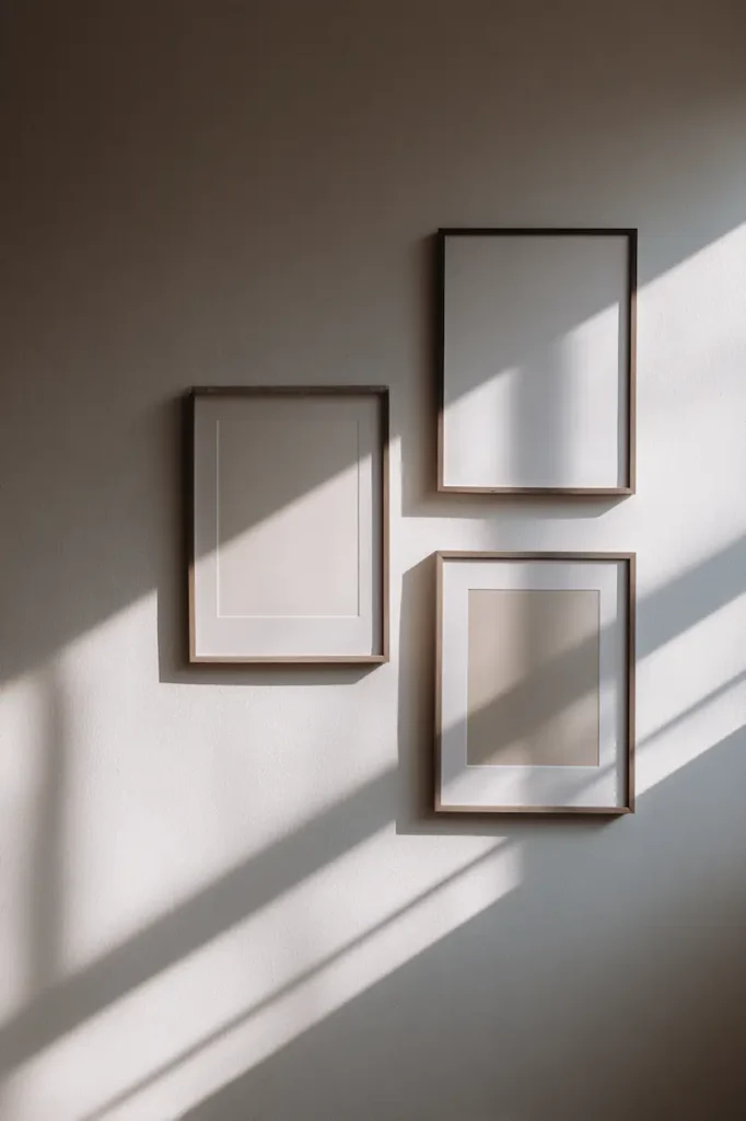 A simple poster wall using identical frames to create a calm and cohesive visual effect.