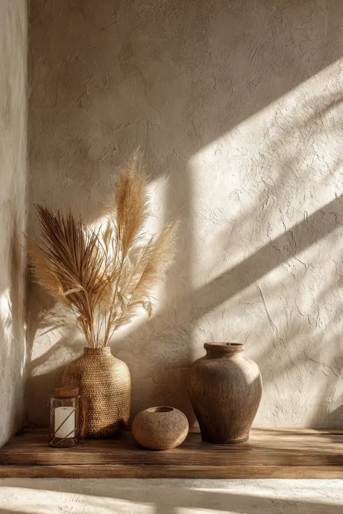 Natural sunlight enhancing the textures and warmth of a cozy boho wall.