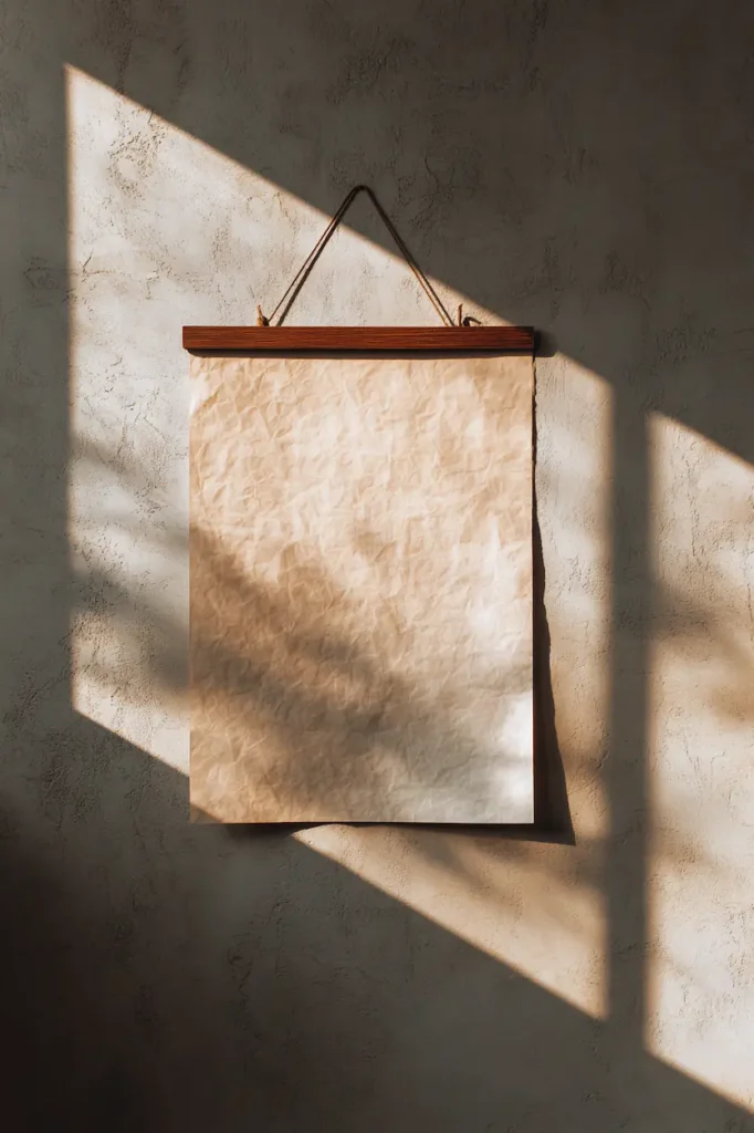 Natural light highlighting the texture and depth of a vintage poster on a wall.