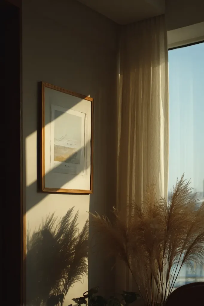 A framed poster visible without glare, softly illuminated by natural light.