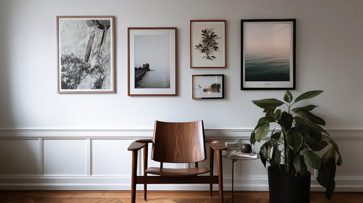 A softly lit interior wall where framed posters create a calm, finished, and intentional atmosphere.