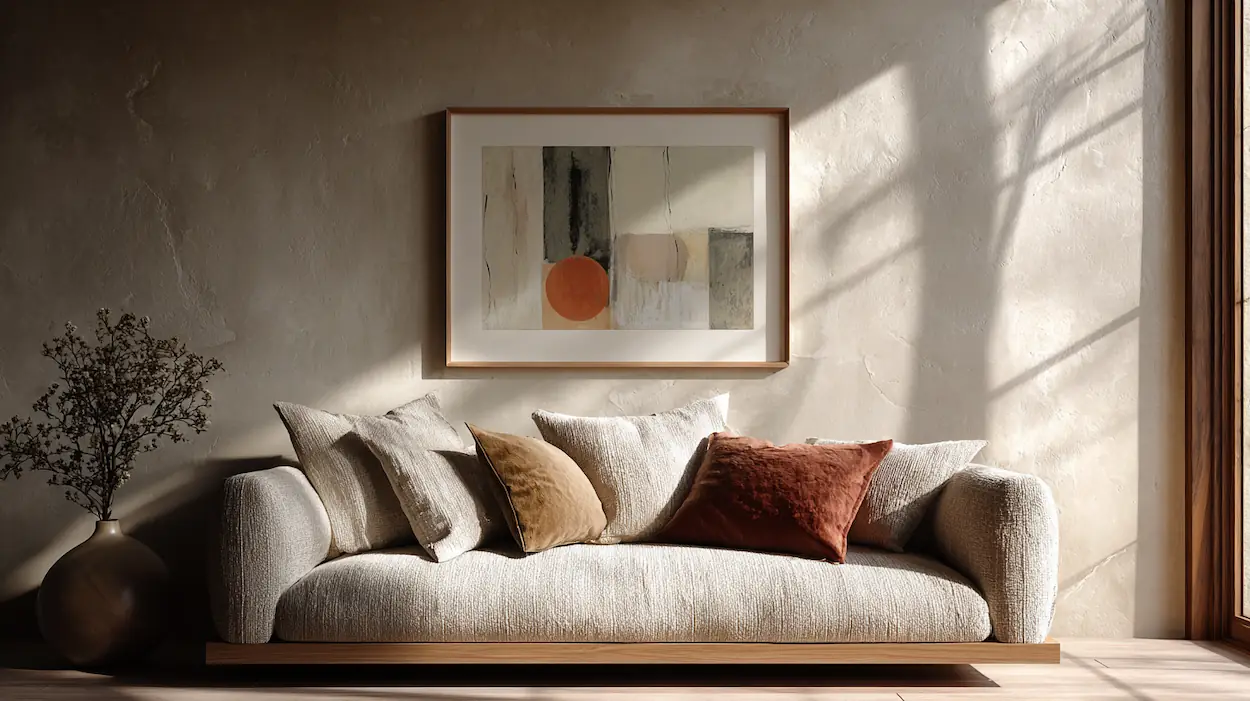 A calm living room where a large wall artwork brings balance and visual confidence to the space.