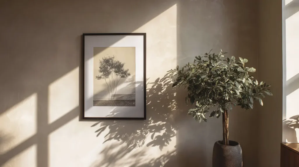 A calm interior wall featuring minimal printed artwork, softly lit by natural daylight, creating a serene and balanced atmosphere.