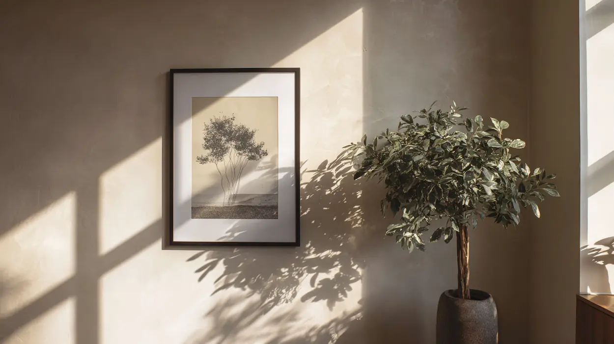 A calm interior wall featuring minimal printed artwork, softly lit by natural daylight, creating a serene and balanced atmosphere.