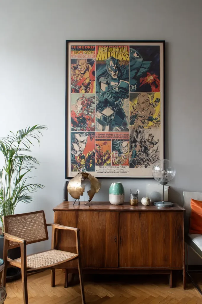 A large vintage poster giving emotional weight and focus to an interior wall.