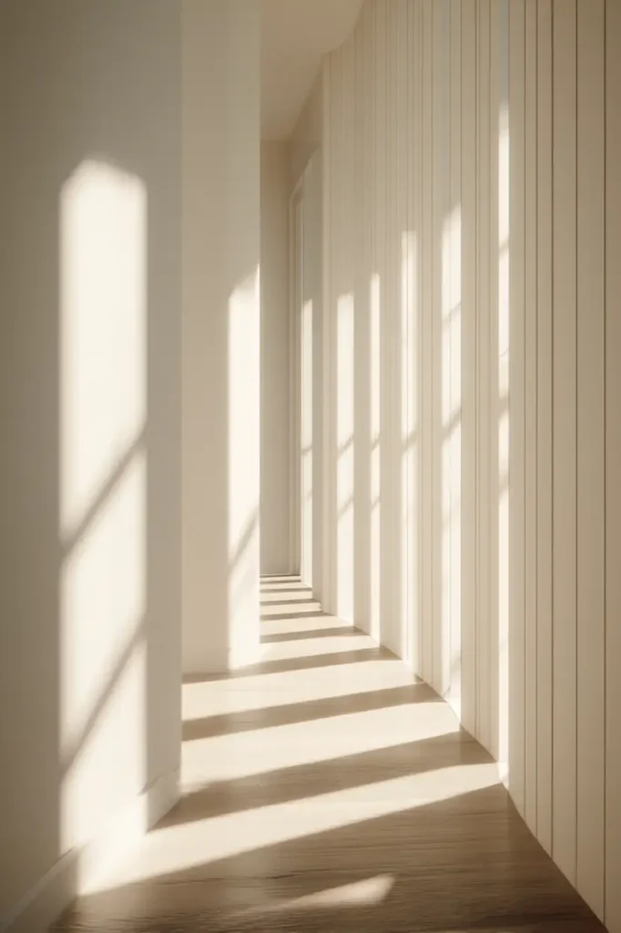 A softly lit interior wall where light and architecture define visual rhythm.