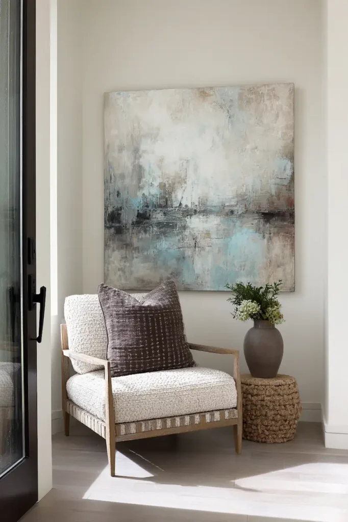 Textured abstract wall art catching natural light and bringing subtle movement to the wall.
