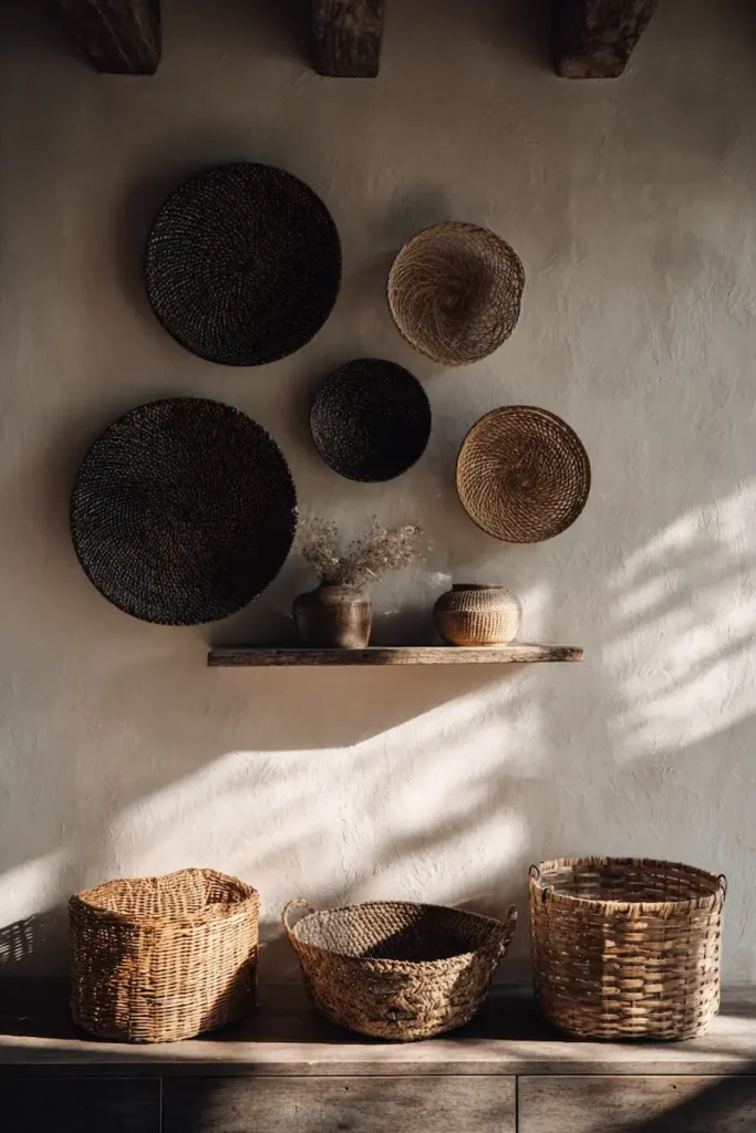 A farmhouse wall highlighting rich textures like woven fibers and aged materials instead of traditional artwork.