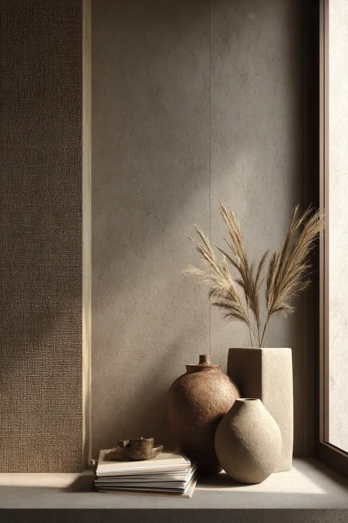 A textured wall decor scene where materials replace traditional artwork in a calm interior.