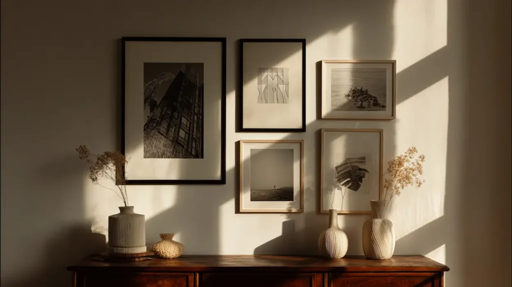 A calm interior wall with a simple poster arrangement creating a soft, balanced atmosphere.