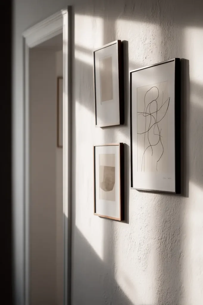 A minimalist wall with a single artwork softly illuminated by natural light, creating a calm and peaceful room atmosphere.