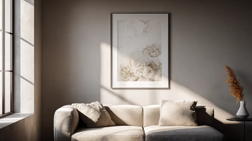 A calm modern interior where a perfectly sized poster becomes the visual anchor of the wall.