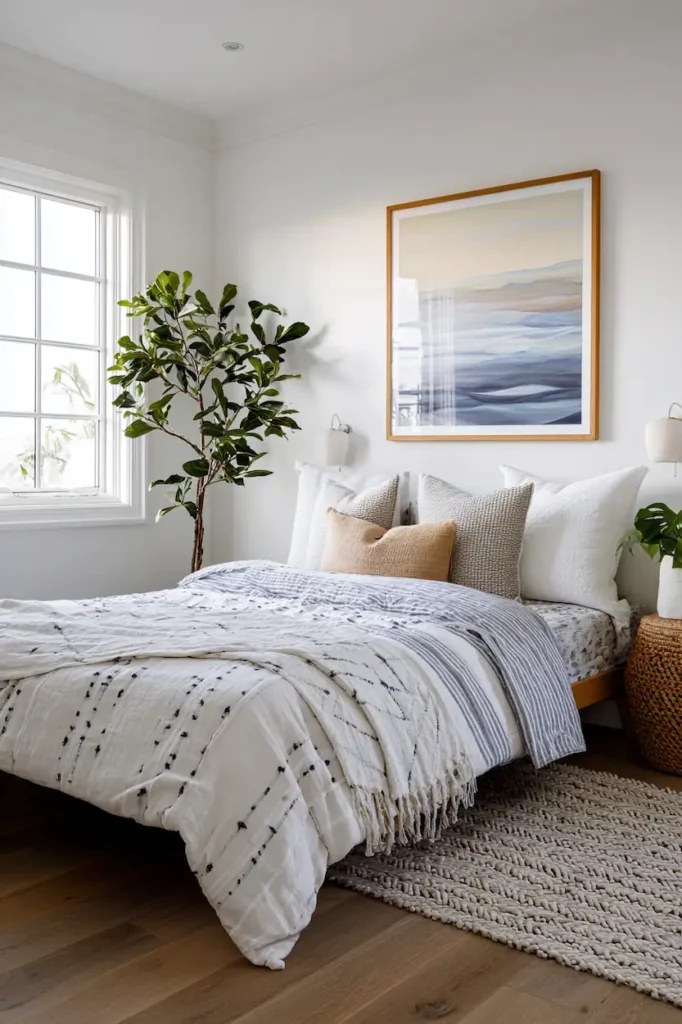 A minimal wall with a small simple art print surrounded by generous empty space, creating a calm visual balance.