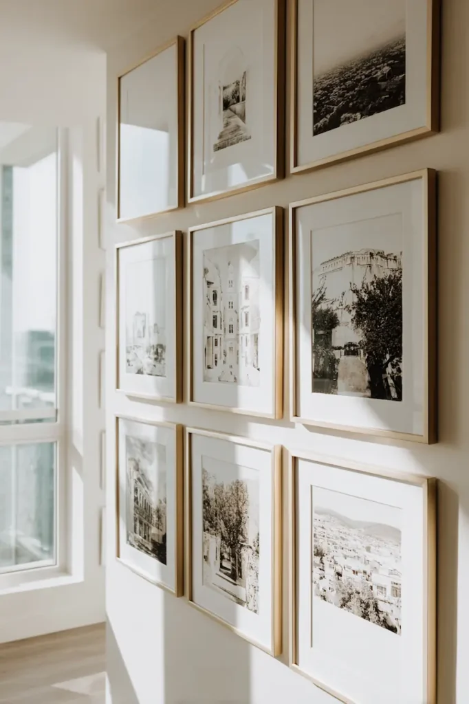 A gallery wall where consistent frames create a calm and intentional visual rhythm.
