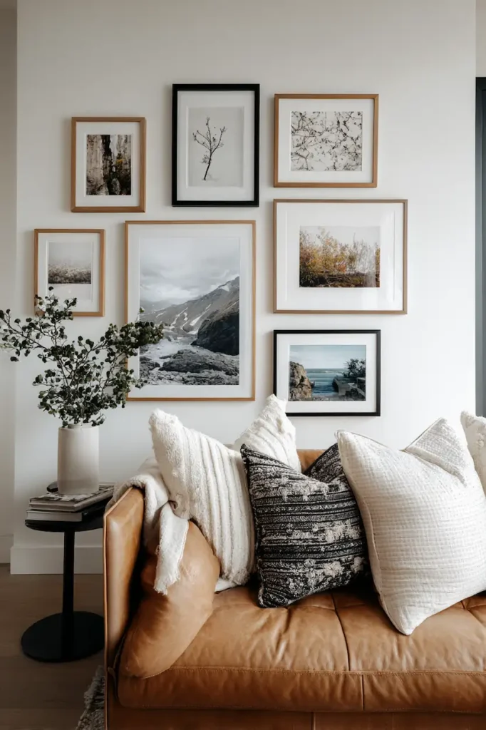 A completed gallery wall blending naturally into a calm living space.