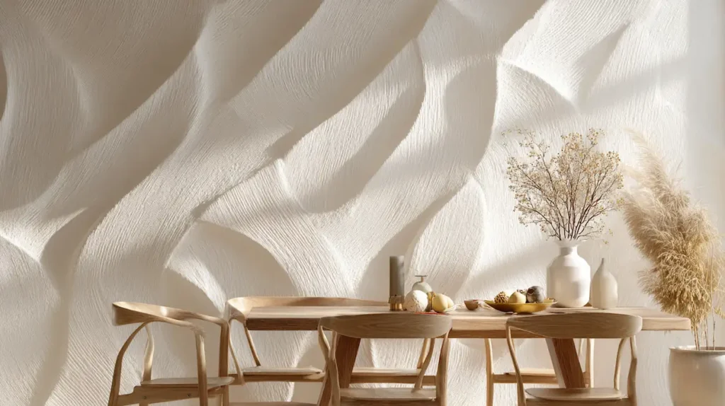 A white textured wave wall art installation in a modern dining room filled with soft natural light.