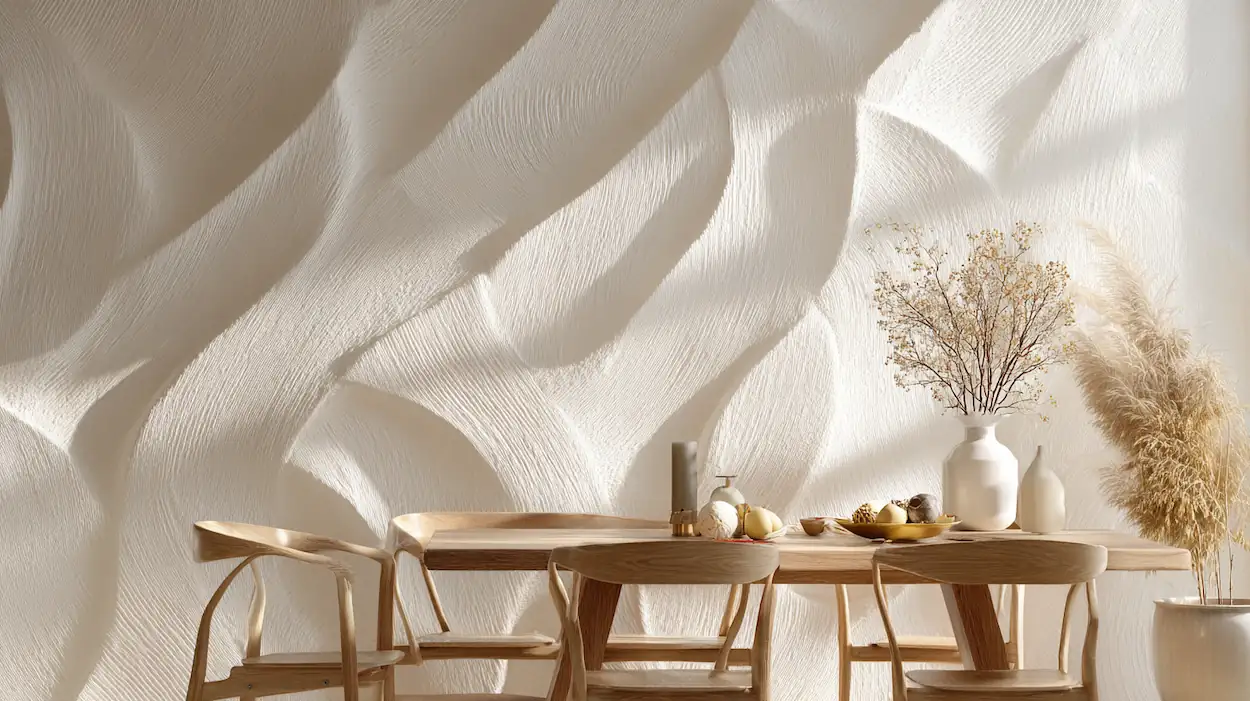 A white textured wave wall art installation in a modern dining room filled with soft natural light.