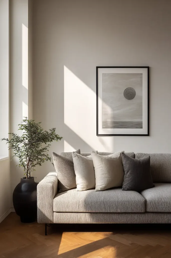 A sofa wall where artwork is perfectly scaled, creating harmony between furniture and wall.