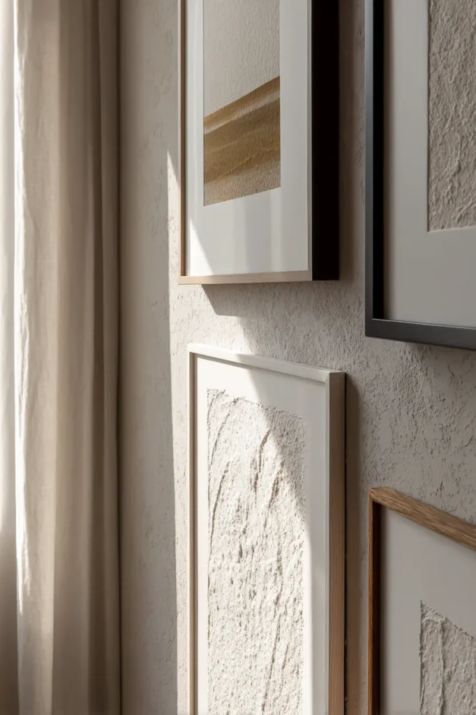 Close-up of framed wall art emphasizing texture and material choices.