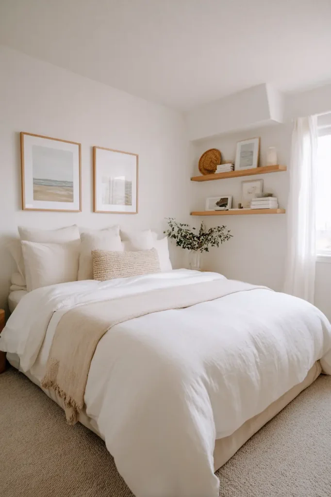 White bedroom wall decorated with minimalist art, natural textures, and soft neutral tones.