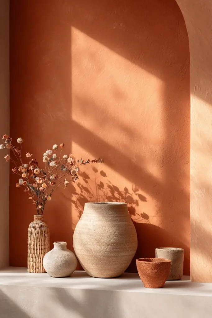 A boho wall decorated with warm earthy colors that softly envelop the room.