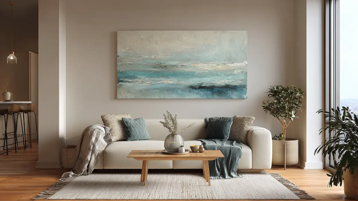 Hero image alt text: A calm interior where abstract wall art subtly transforms the mood of the room.
