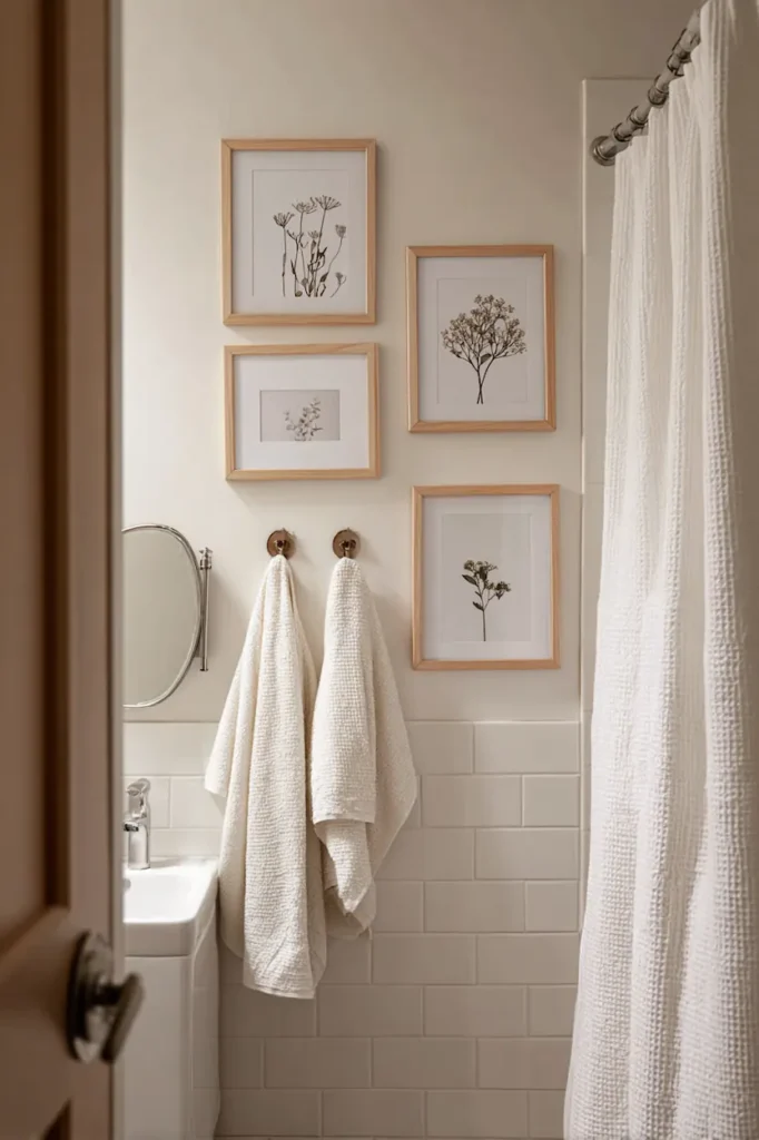 bathroom wall decor for renters using removable strips and lightweight frames