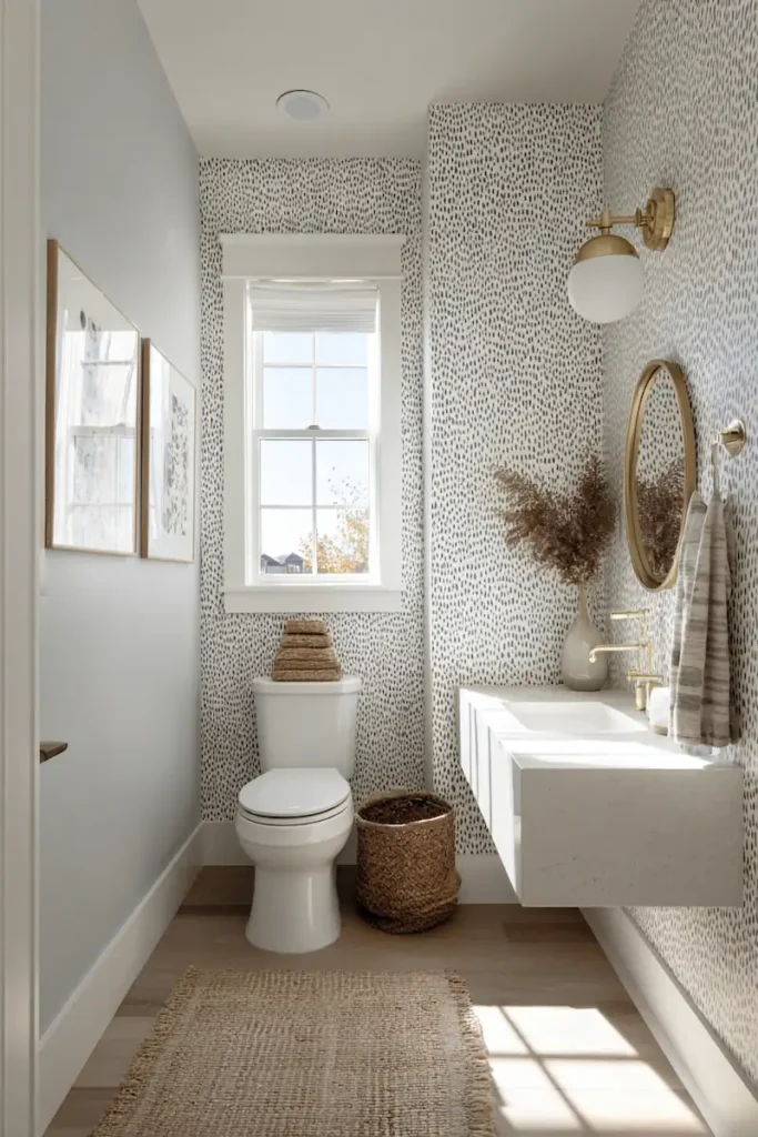 Bathroom wall decor ideas using wallpaper accent walls.