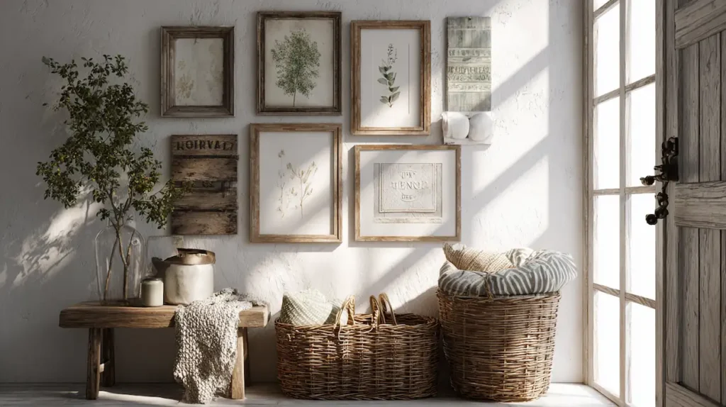 A cozy farmhouse wall decorated with warm wood, vintage accents, and soft natural light.